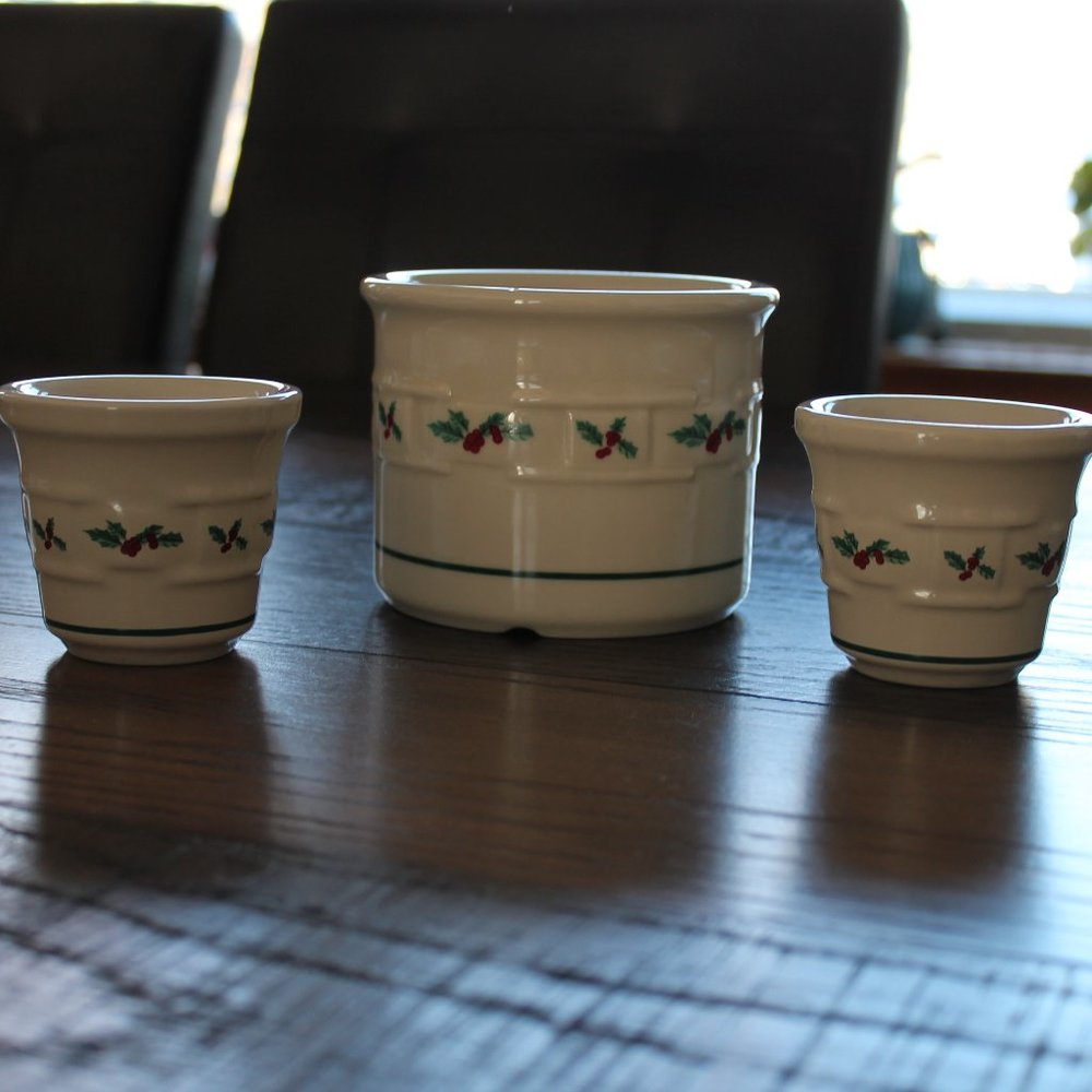 Longaberger Traditional Holly Candle Holder Set Crock and Votives USA